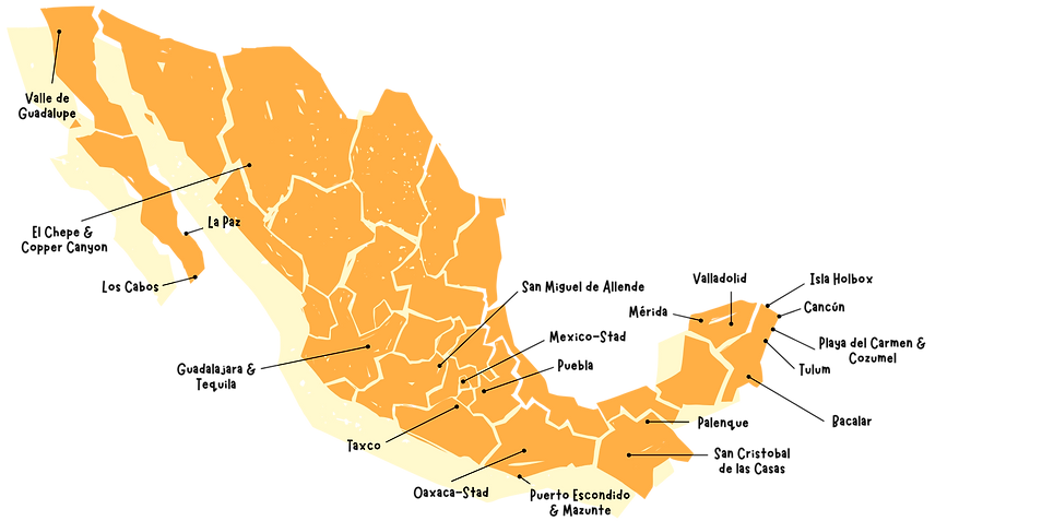 kaart van mexico met de mooiste belangrijkste en populairste vakantiebestemmingen
