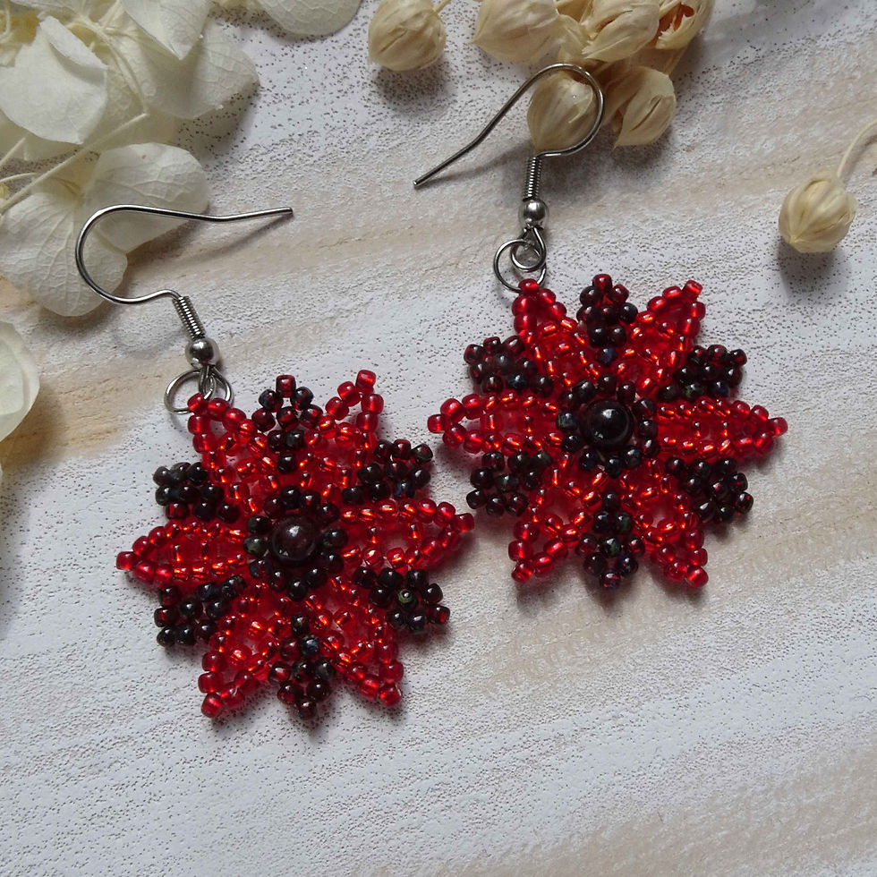 Miniaturbild: ote Blüten Ohrringe mit Granat – handgemacht im Huichol-Stil