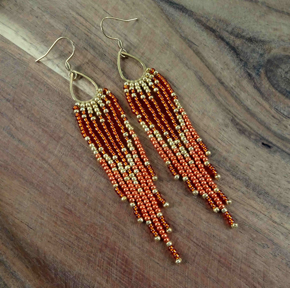 Fransen Ohrringe orange gold mit Tropfen, Boho Schmuck