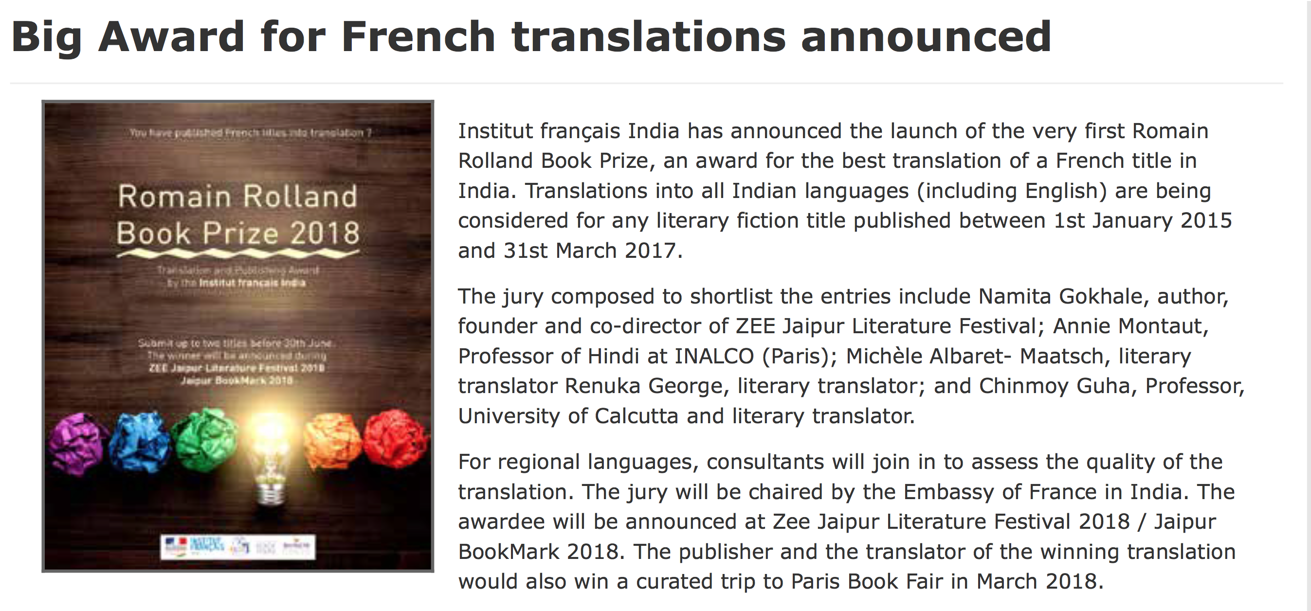 Romain Rolland Book Prize 2018 - Announcement