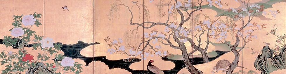 Oiseaux et fleurs du printemps et de l'été, paravent de Kanō Einō, époque Edo, Suntory Museum of Art, Tokyo ©photo Keizo Kioku