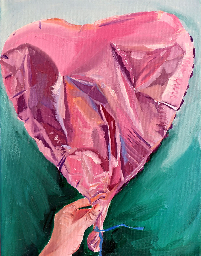 Pink mylar balloon slightly deflated oil painting