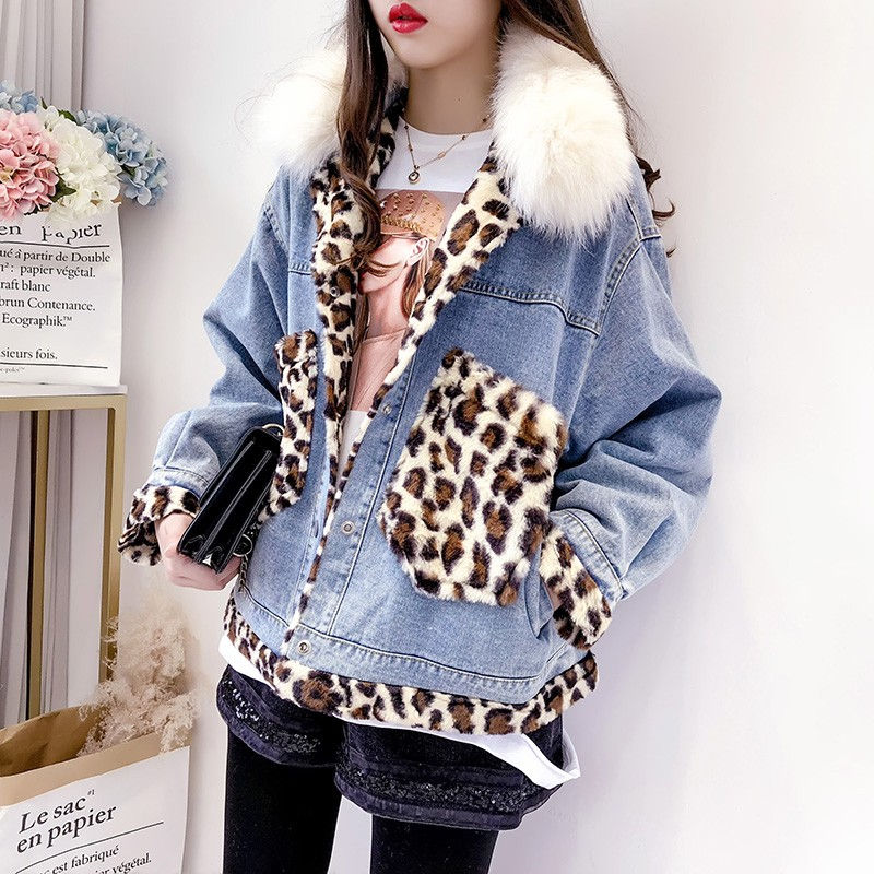 תמונה ממוזערת: Women Loose Fit Leopard Patchwork Faux Fur Collar Outwear Sleeve Jean Coat