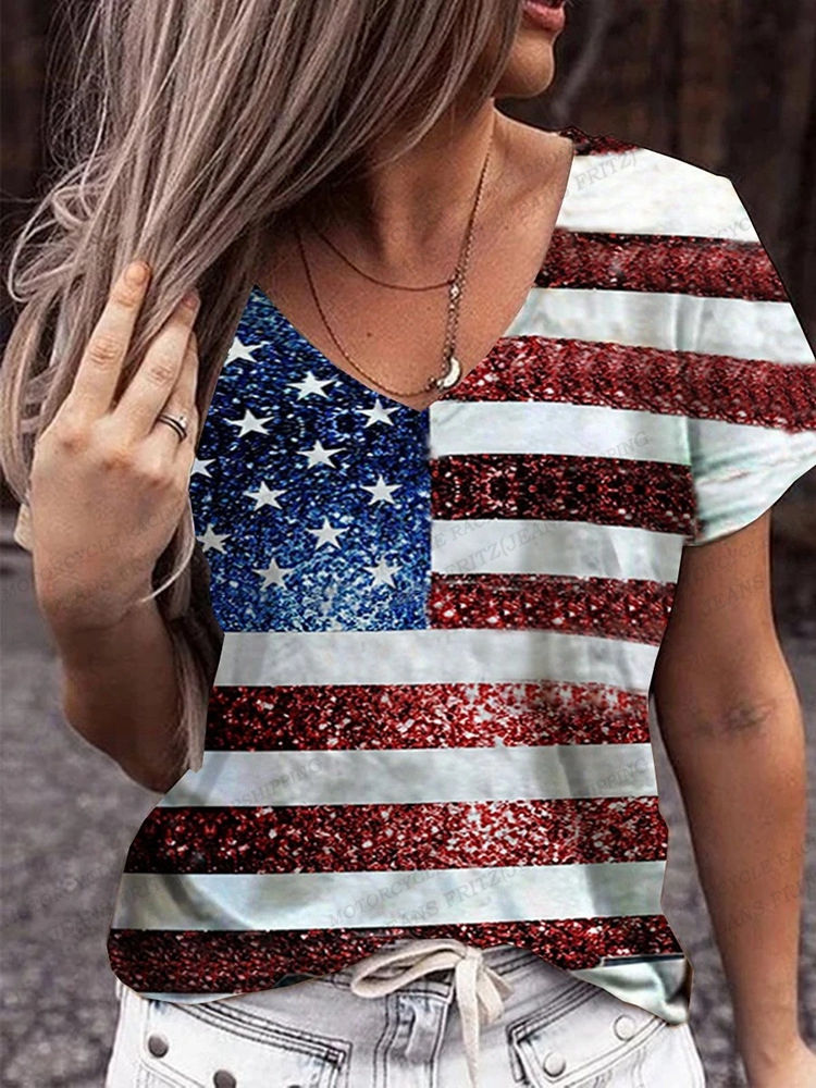 Thumbnail: American Flag T-shirt Women Fashion V-Neck Short Sleeve Tees Vintage USA Flag