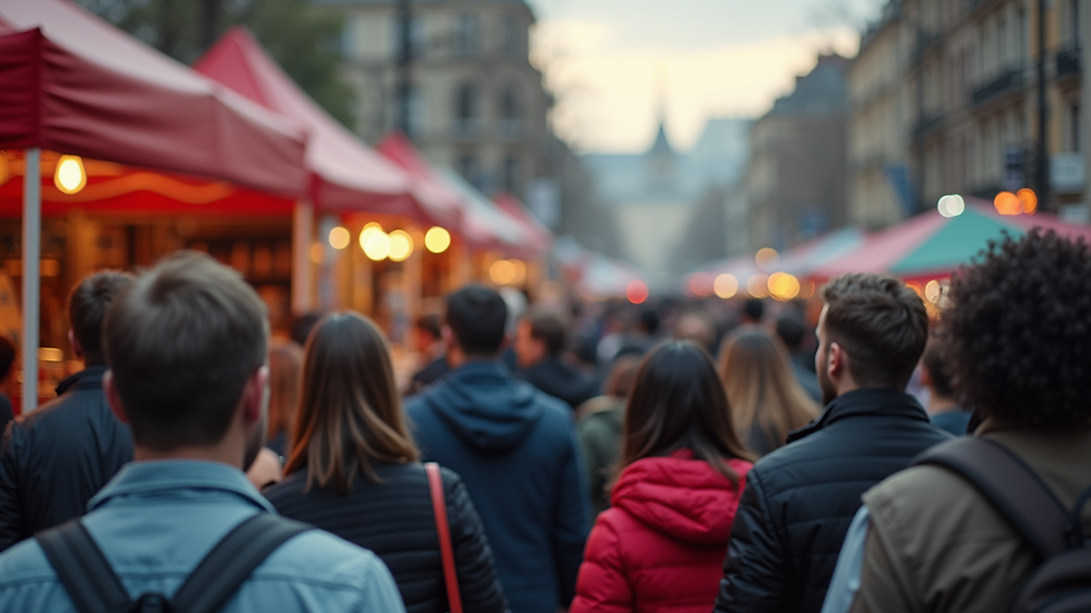 Close-up view of a local event with a small crowd gathered around a booth