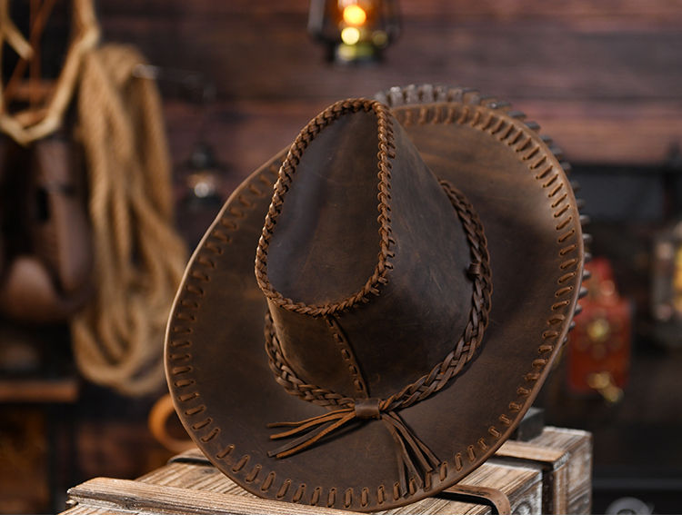Miniatura: Handmade Pure Cowhide Cowboy Hat Crazy Horse Leather Outdoor 