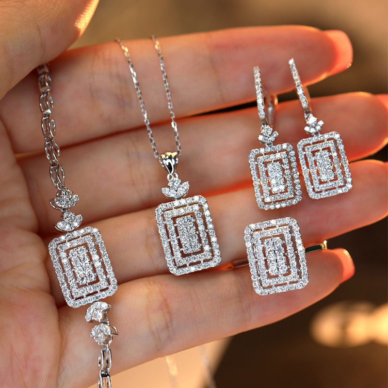 الصورة المصغرة: 18K Jewelry Set White Gold Diamond Square Shape Necklace Earring Gift 
