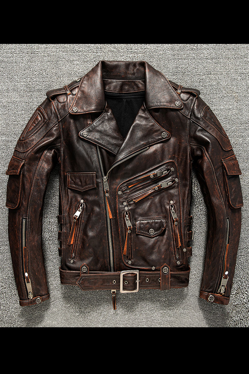 Thumbnail: Cowhide Leather men's Motorcycle Jacket Added Protective Short Leather