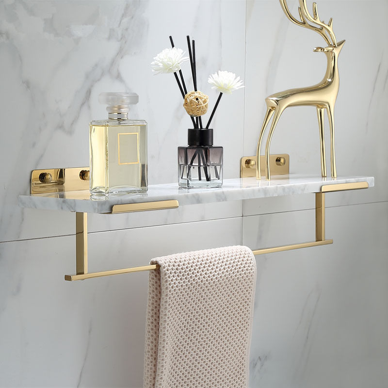 Thumbnail: Bathroom Shelf with Towel Bar White Marble Gold Shampoo Holder Brass Storage