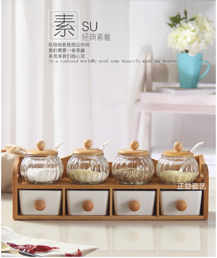 Thumbnail: Glass Seasoning Jar Set, Hollowed-out Chopstick Barrel, Bamboo Wooden Frame