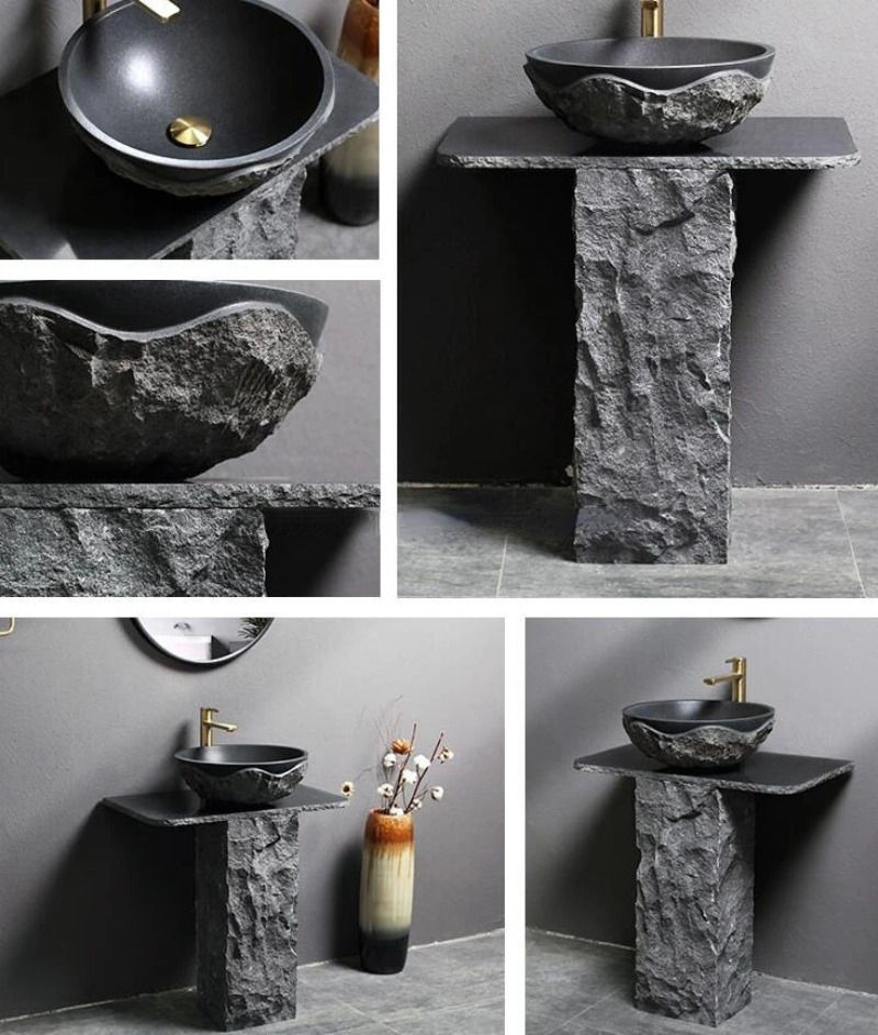 Miniature : Black Granite Pedestal Sink, Bathroom Stone Sink, Matching Taps and Downcomers