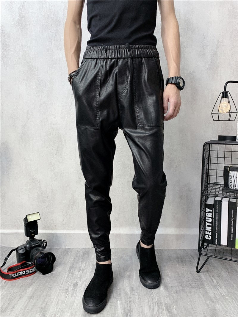Thumbnail: Faux Leather Harem Pants Male Elastic Waist Pencil Trousers High Street Mens 