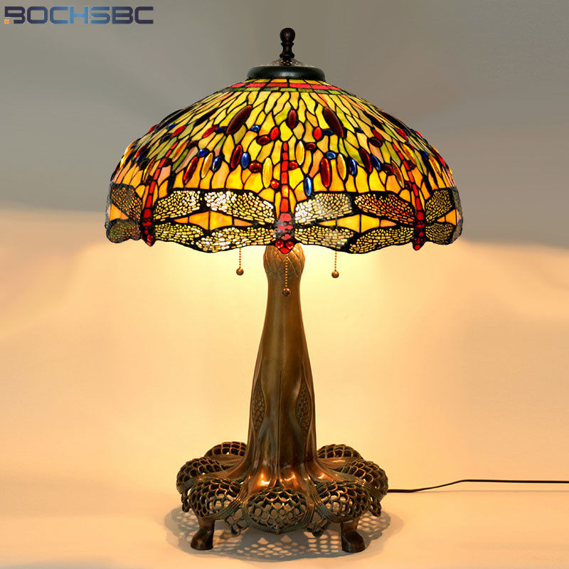 ภาพขนาดย่อ: Tiffany Style Grape Wisteria Cherry Stained Glass Table Lamp Copper Antique
