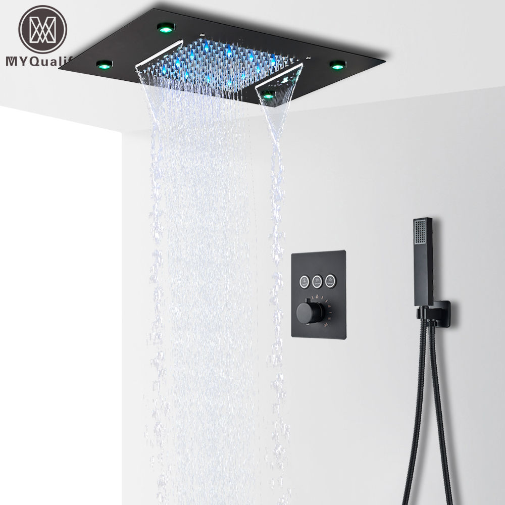 LED Thermostatic Bathroom Shower Rain Waterfall Remote Control Ceiling Mounted