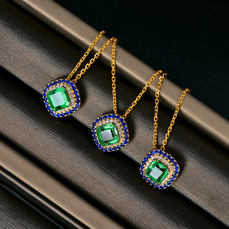 Miniatura: Caimao Antique Emerald Pendant Natural Diamond  Sapphire Solid 14kt Yellow Gold