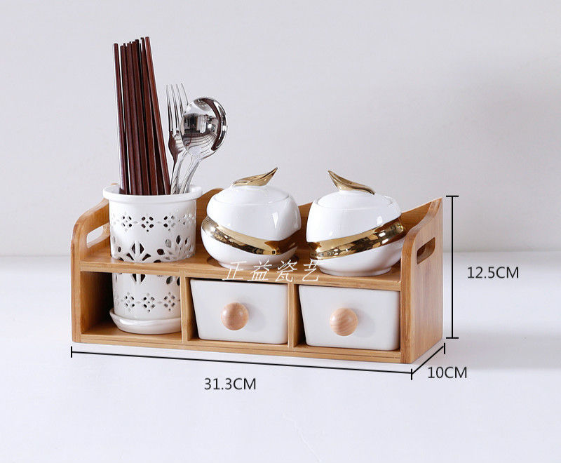 Thumbnail: Creative Condiment Drawer Chopsticks Bamboo Shelf, Ceramic Glass Jars Container
