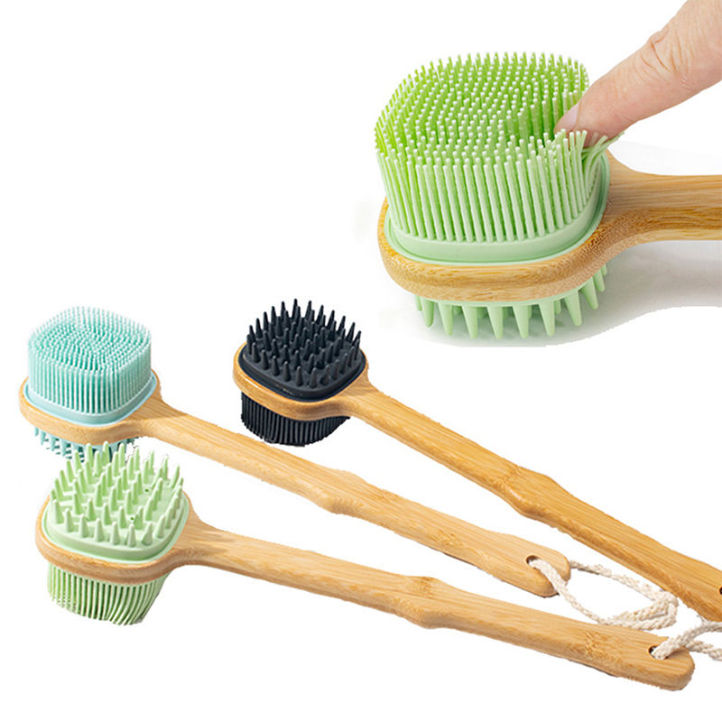 Thumbnail: Natural Bristles Back Scrubber Shower Brush With Detachable Long Wooden Handle