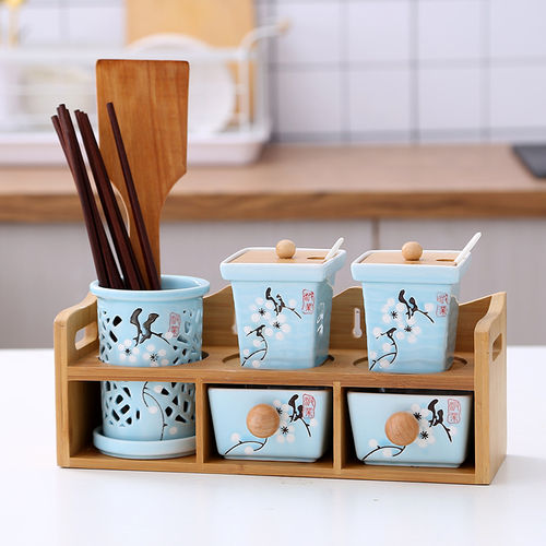 Thumbnail: Creative Condiment Drawer Chopsticks Bamboo Shelf, Ceramic Glass Jars Container