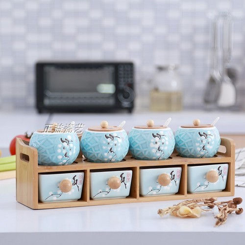 Thumbnail: Glass Seasoning Jar Set, Hollowed-out Chopstick Barrel, Bamboo Wooden Frame