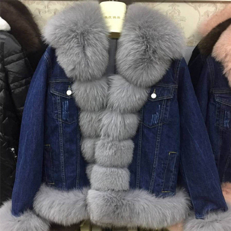 Thumbnail: Real Fox Fur Jacket for Women, Female Cowboy Jacket, Faux Fur Lining