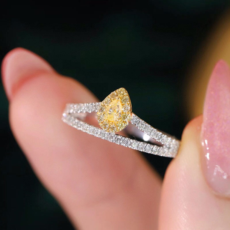 Thumbnail: Natural Yellow & White Diamonds 18K Pure Gold Water Drop V Shape Ring