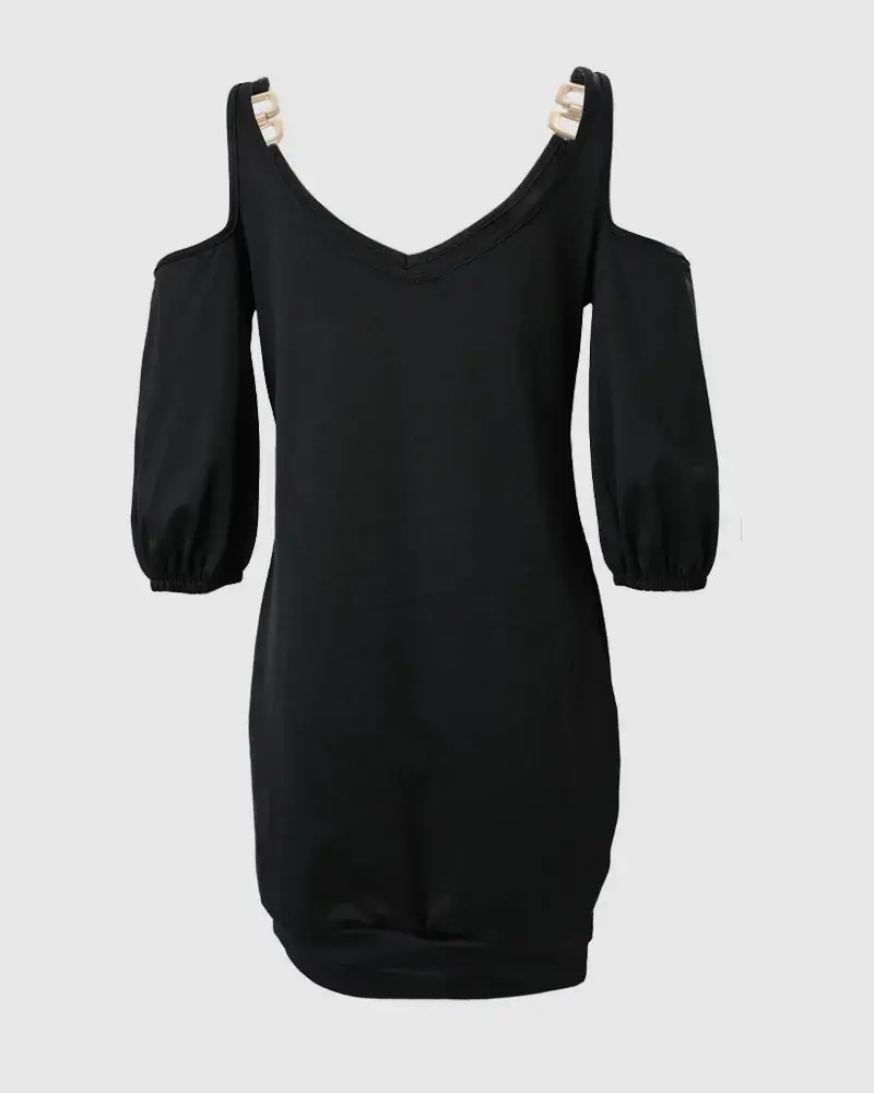 Thumbnail: Metal Decor Cold Shoulder Casual Dress Women Sleeve High Waist Mini Dress V Neck