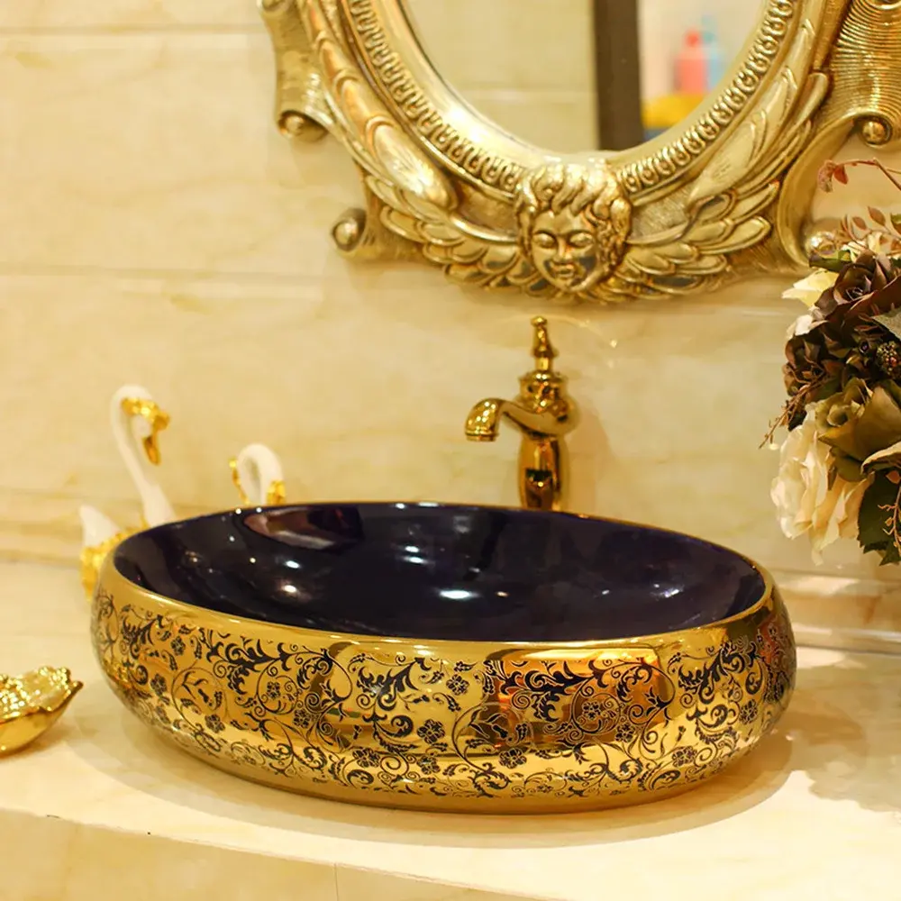 Above counter basin wash ceramic bathroom art oval blue gold glittering
