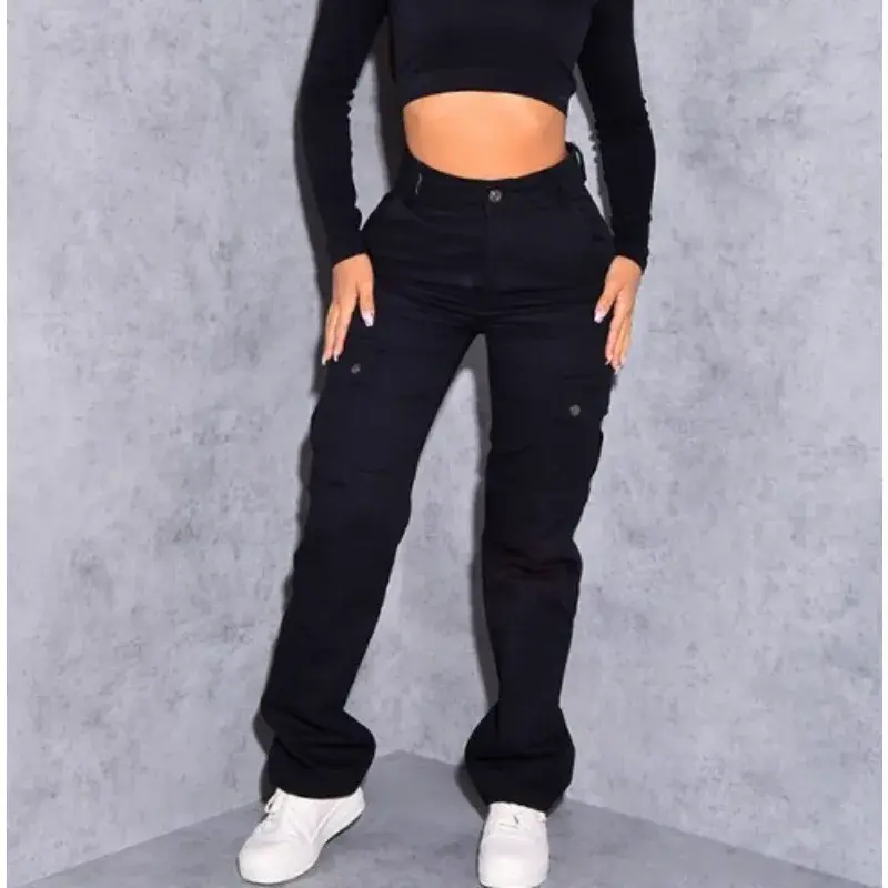 Thumbnail: Women High Waist High Elastic Solid Jeans Straight-Leg Pants Cargo Pants