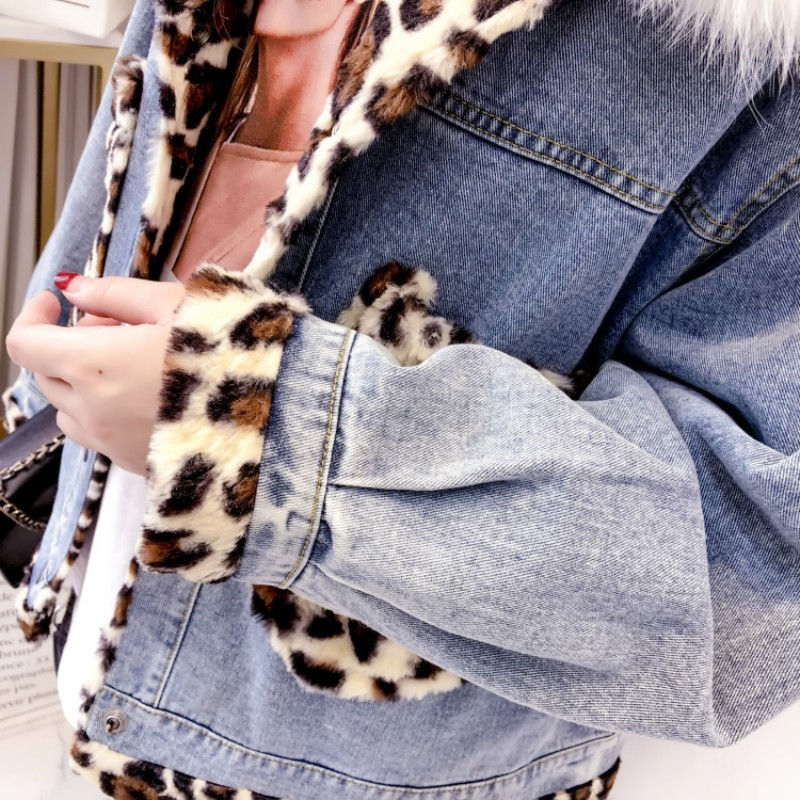 תמונה ממוזערת: Women Loose Fit Leopard Patchwork Faux Fur Collar Outwear Sleeve Jean Coat