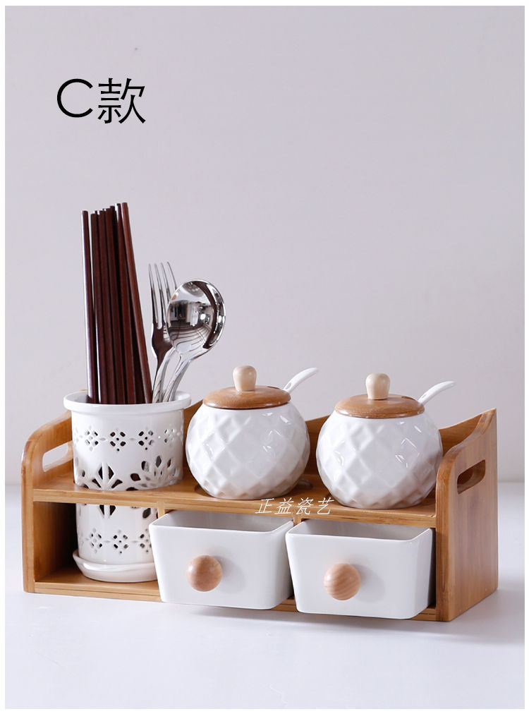 Thumbnail: Creative Condiment Drawer Chopsticks Bamboo Shelf, Ceramic Glass Jars Container