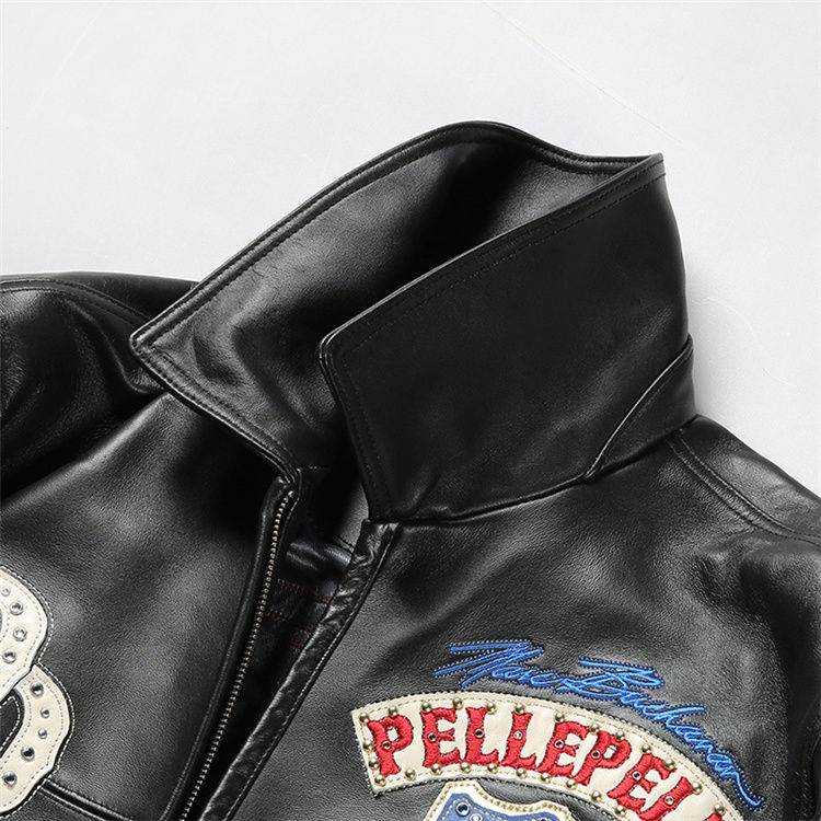 Thumbnail: Men's Hip Hop Sheep Leather Jacket Embroidered Diamond US