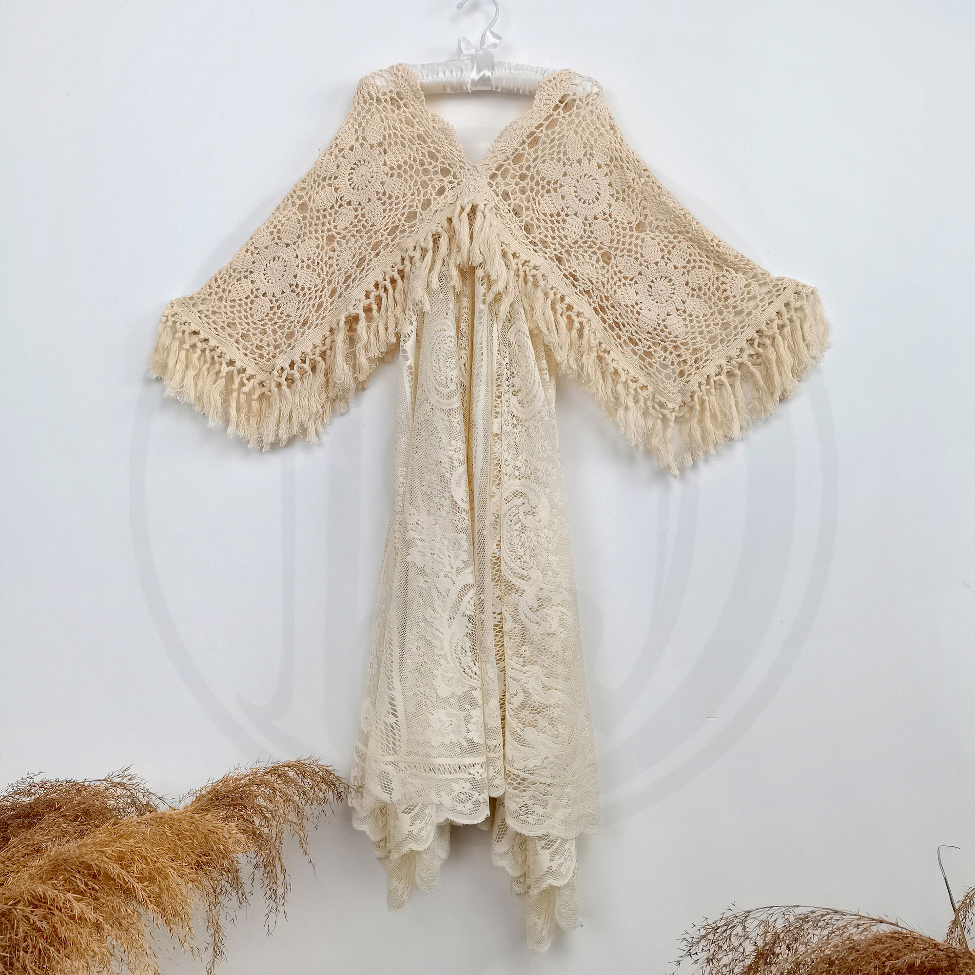 Vintage Boho Cotton Crochet Photo Shoot Little Girl Robe Kid Lace Dress 