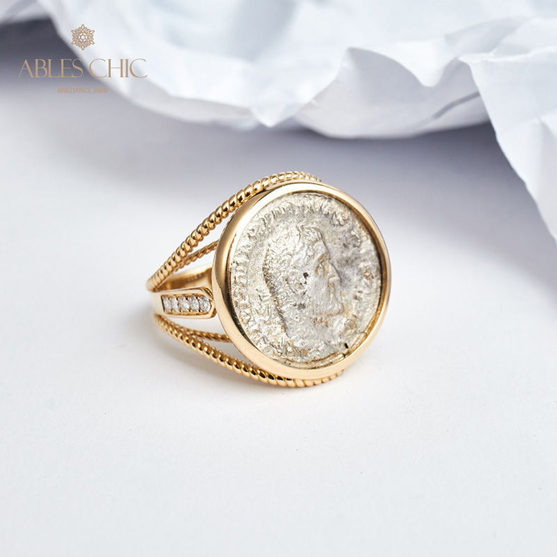 Miniatura: 18K Gold Authentic Byzantine Ancient Silver Coin Ring Diamond 0.21ct Antique 