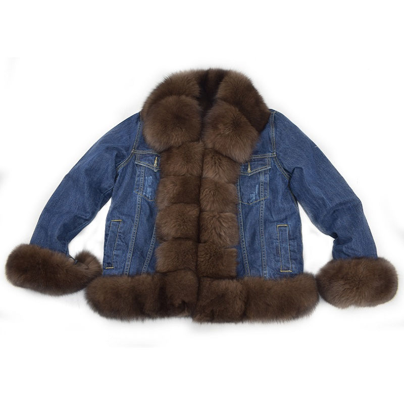 Thumbnail: Real Fox Fur Jacket for Women, Female Cowboy Jacket, Faux Fur Lining