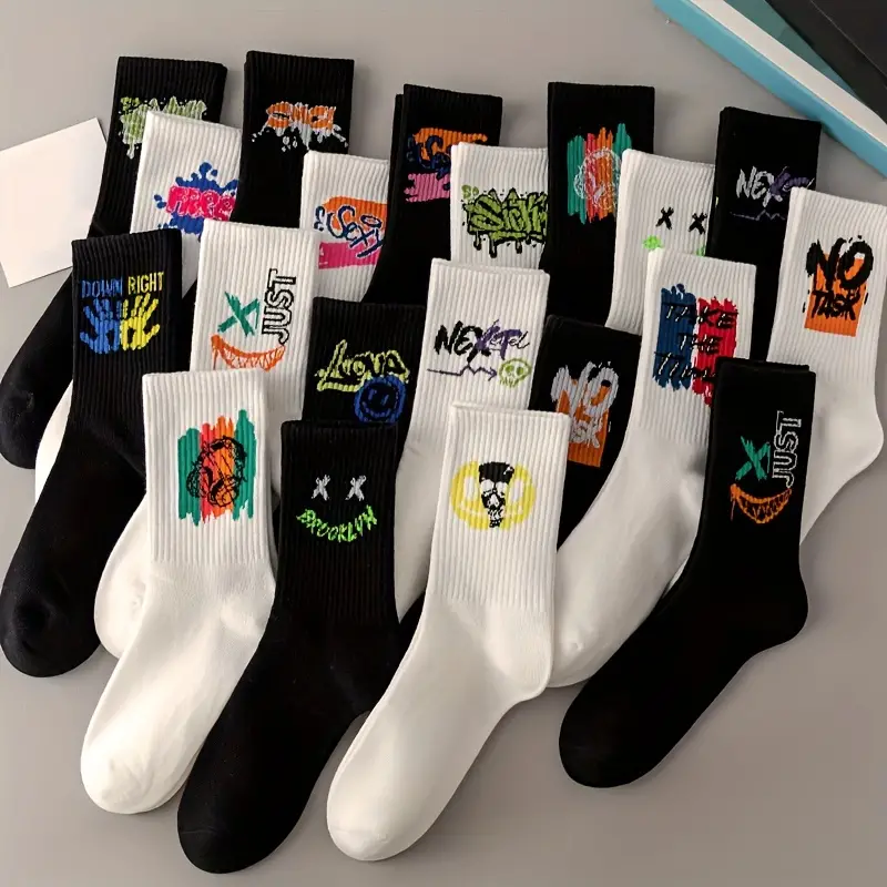 Thumbnail: 5/10 Pairs of High-Quality Fashionable Sports Socks With Graffiti Patterns Soft 