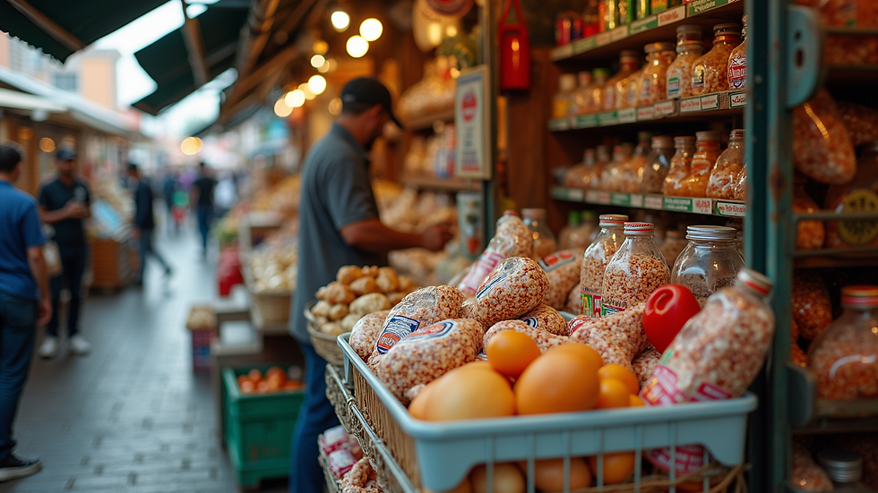 High angle view of a local market with various American-made products on display