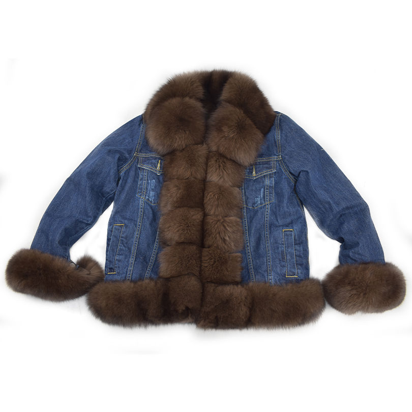 Thumbnail: Real Fox Fur Jacket for Women, Female Cowboy Jacket, Faux Fur Lining