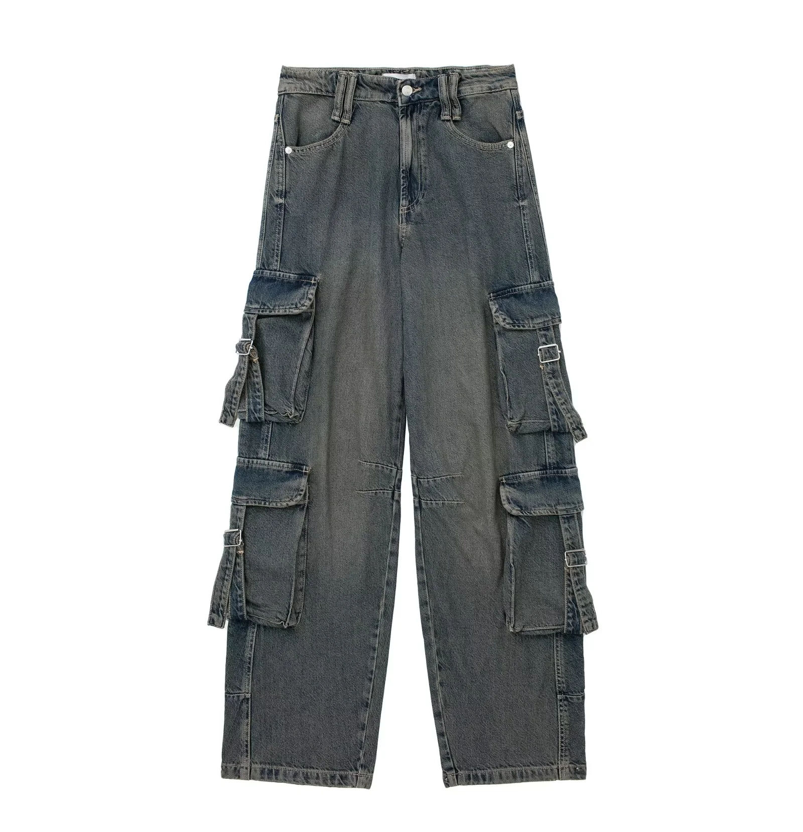 Woman Pocket Workwear Denim Cargo Long Pants Fashion Mid Waist Vintage