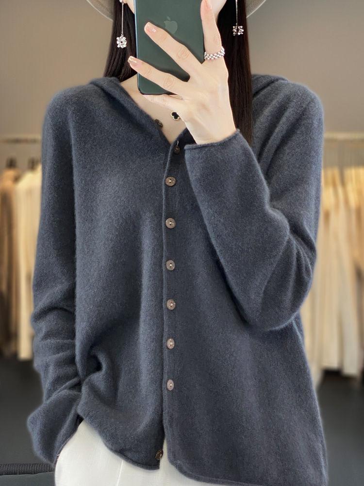 Thumbnail: 100% Merino Wool Sweater Women Cashmere Cardigan Knitwear Loose Hoodie Clothing