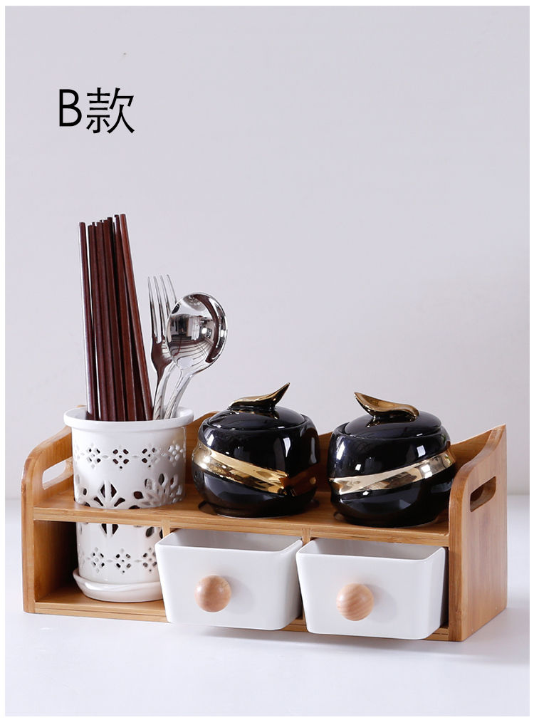 Thumbnail: Creative Condiment Drawer Chopsticks Bamboo Shelf, Ceramic Glass Jars Container