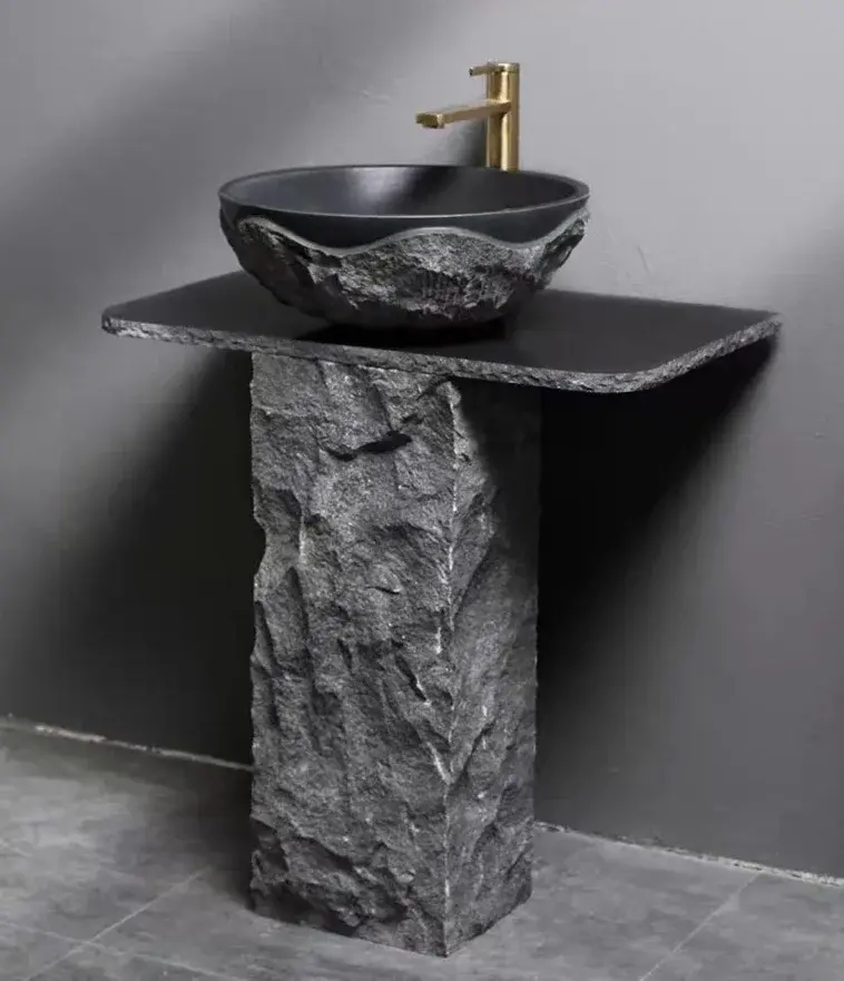 Miniature : Black Granite Pedestal Sink, Bathroom Stone Sink, Matching Taps and Downcomers