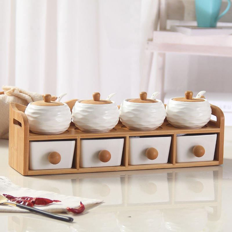 Thumbnail: Glass Seasoning Jar Set, Hollowed-out Chopstick Barrel, Bamboo Wooden Frame