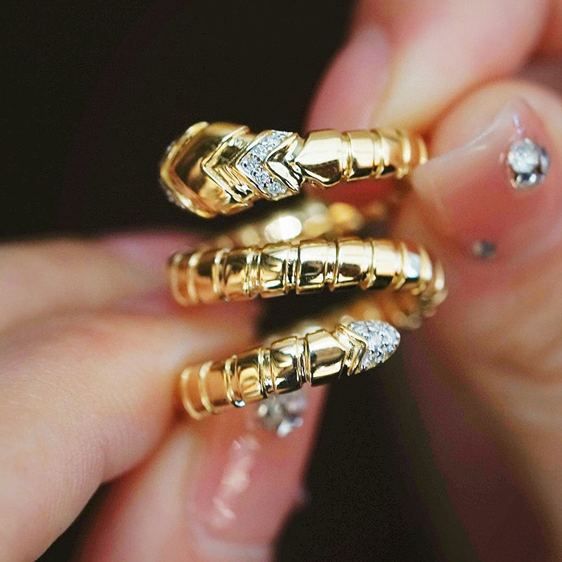 الصورة المصغرة: 18K Yellow Gold Real Diamonds Open Snake Ring