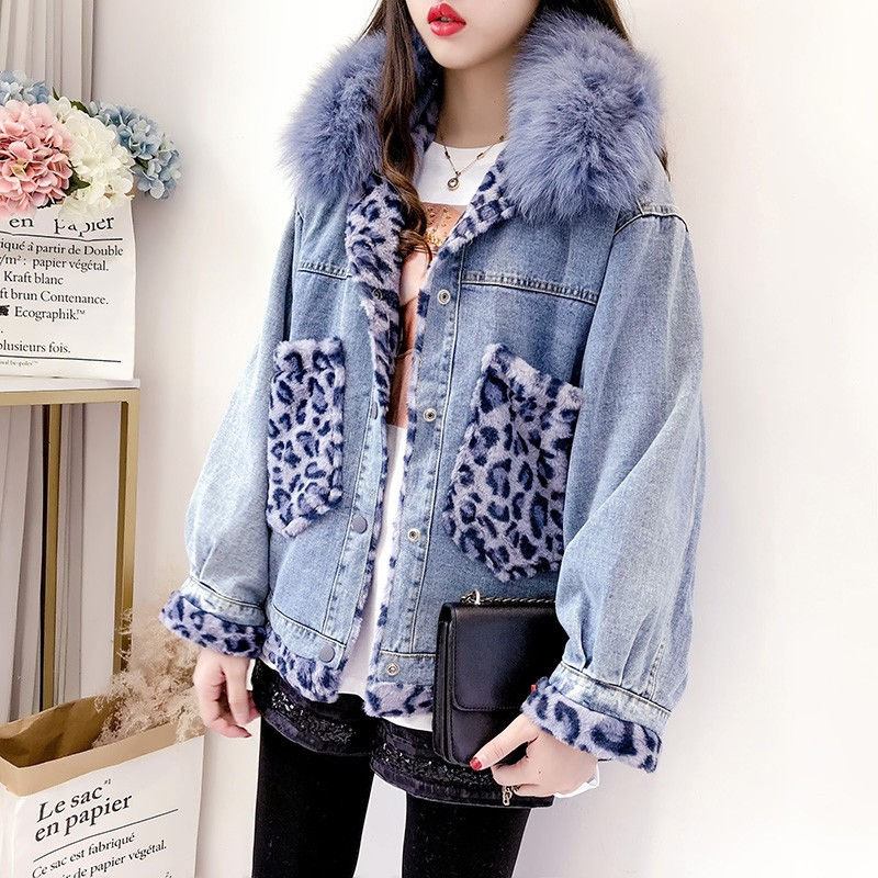 תמונה ממוזערת: Women Loose Fit Leopard Patchwork Faux Fur Collar Outwear Sleeve Jean Coat