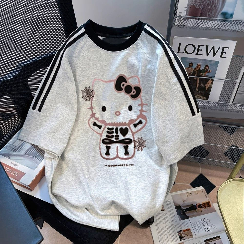 Hello Kitty Retro Short Sleeved Kawaii Girls Loose T-shirt Sanrios Harajuku 