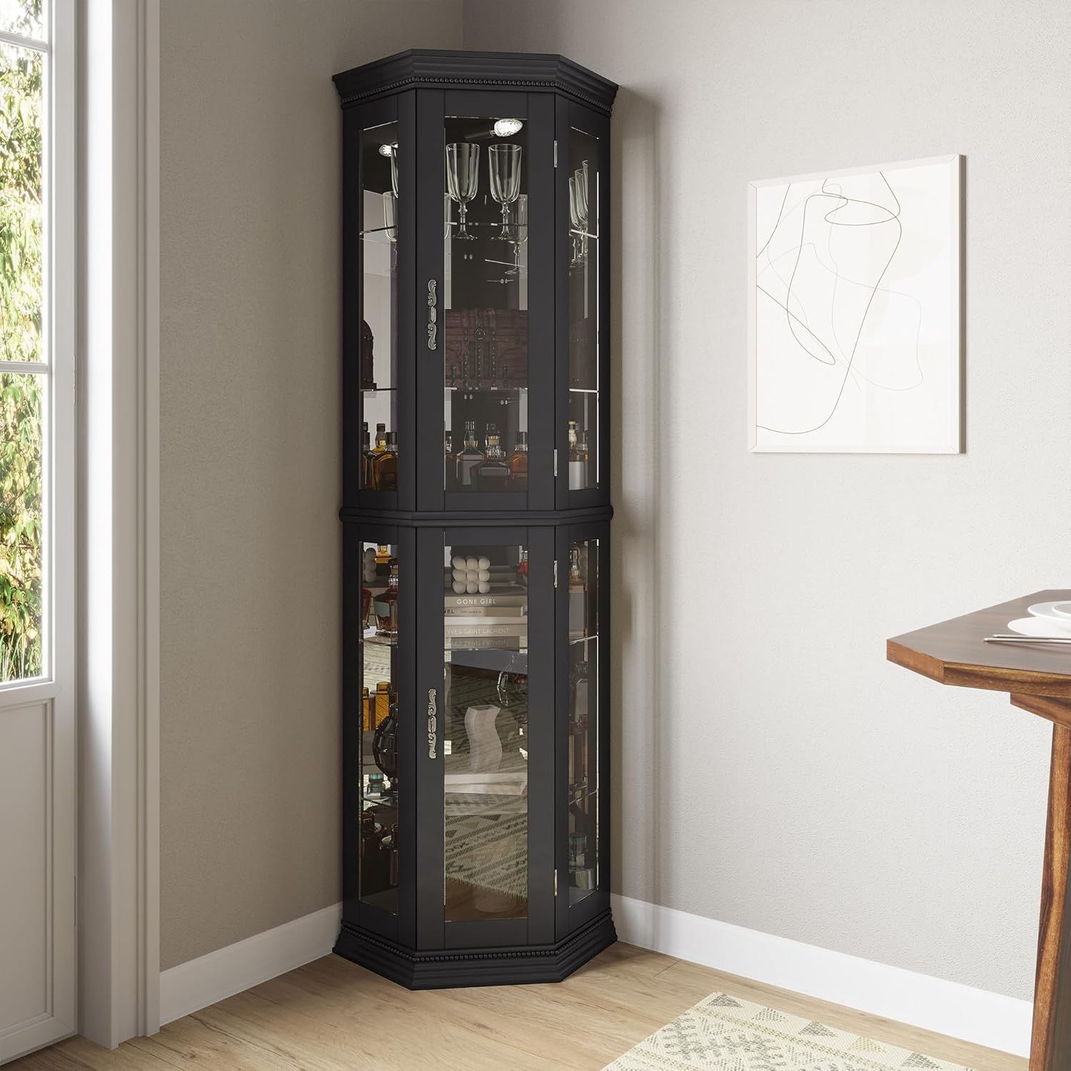 Lighted 3-Side Glass Display Curio Cabinet w/Tempered Glass Doors & Shelves