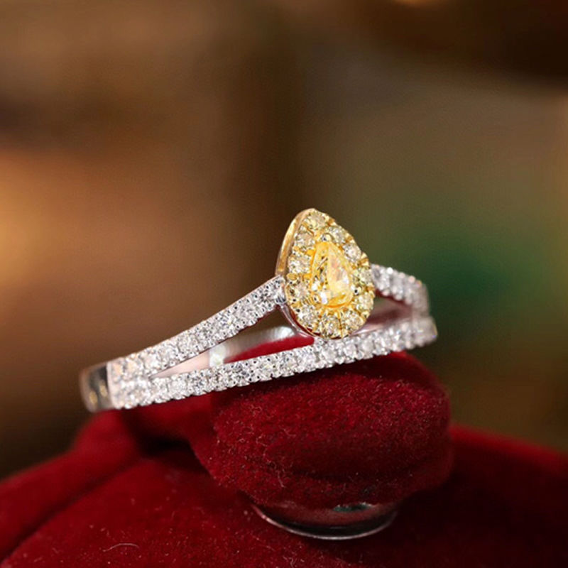 Thumbnail: Natural Yellow & White Diamonds 18K Pure Gold Water Drop V Shape Ring