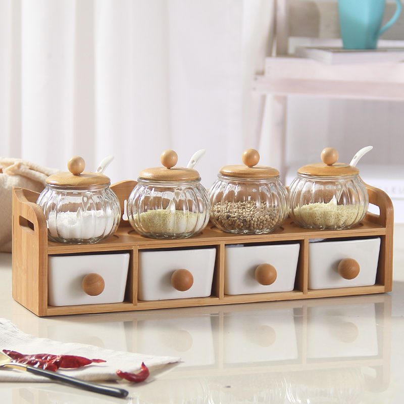 Thumbnail: Glass Seasoning Jar Set, Hollowed-out Chopstick Barrel, Bamboo Wooden Frame