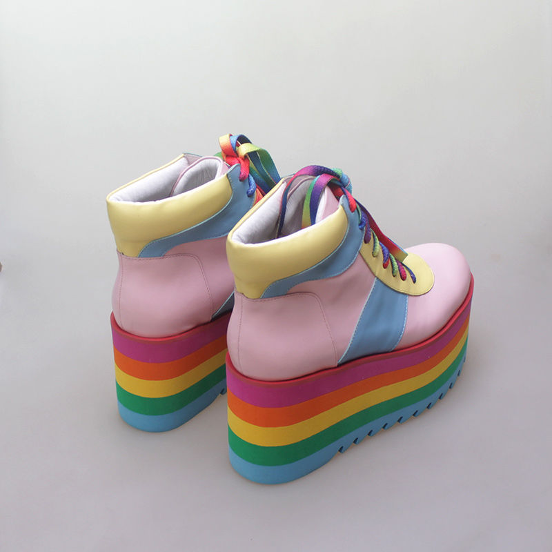 ภาพขนาดย่อ: Rainbow Mixed Color Genuine Leather Thick Sole Platform 9cm Wedges Ankle Boots