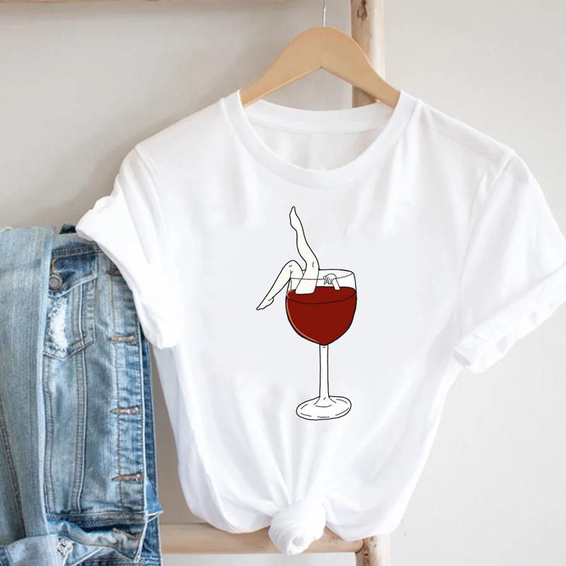 תמונה ממוזערת: Women Printing Clothing Wine Lady Short Sleeve Casual 90s Cartoon Fashion 